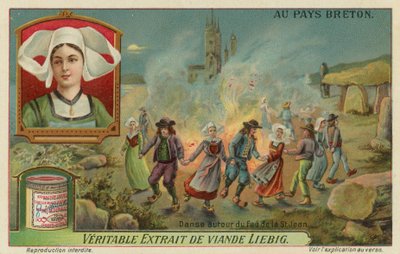 Dançando ao redor do fogo na véspera de São João (solstício de verão) (chromolitho) de European School