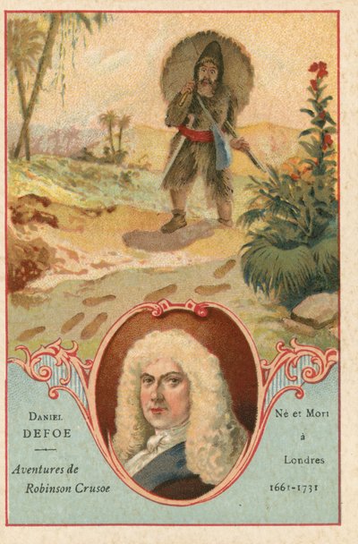 Daniel Defoe, romancista inglês e uma cena de Robinson Crusoe de European School