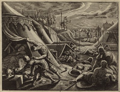 David levando a lança de Saul e o jarro de água (gravura) de European School