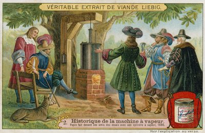 Denis Papin conduzindo testes de seu motor a vapor de pistão na frente de seus amigos, Marburg, Alemanha, 1690 de European School