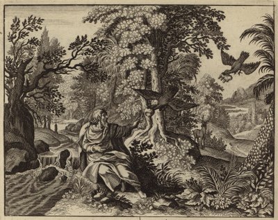Elijah alimentado por corvos (gravura) de European School