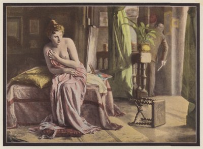 Emoção, mulher sentada em uma cama (lito colorido) de European School