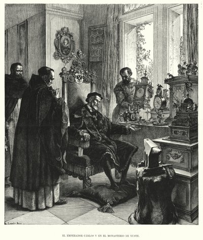 Imperador Carlos V em aposentadoria no Mosteiro de Yuste, Espanha, após sua renúncia (litho) de European School
