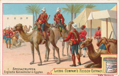 Soldados ingleses em camelos, cartão Liebig, início do século XX (cromo) de European School