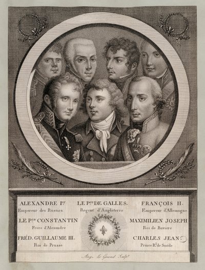A realeza europeia do início do século XIX: Czar Alexandre I da Rússia; Jorge, Príncipe de Gales, Regente do Rei Jorge III; Francisco II, Sacro Imperador Romano-Germânico; Grão-Duque Konstantin Pavlovich da Rússia; Maximiliano José, Rei da Baviera e Eleito de European School