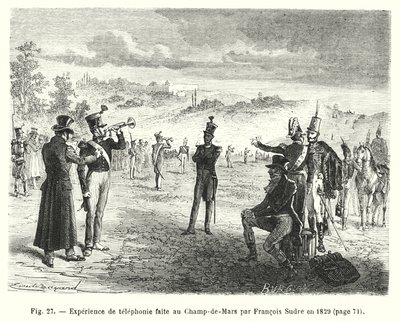 Experiência de telefonia feita no Champ-de-Mars por François Sudre em 1829 (gravura) de European School