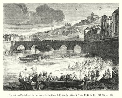 Experiência do Marquês de Jouffroy feita no Saone em Lyon, 15 de julho de 1783 (gravura) de European School