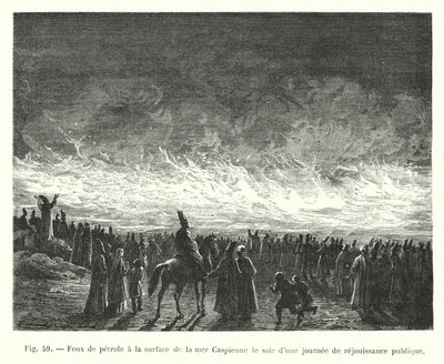 Incêndios de óleo na superfície do Mar Cáspio na noite de um dia de replay público (gravura) de European School