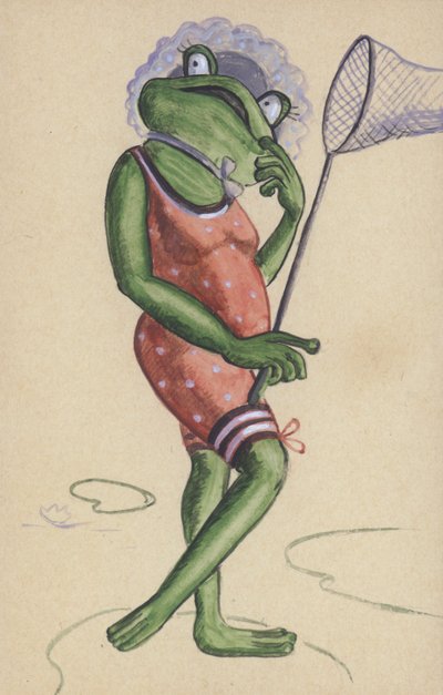 Rã com um fato de banho e uma rede de pesca (litografia a cores) de European School
