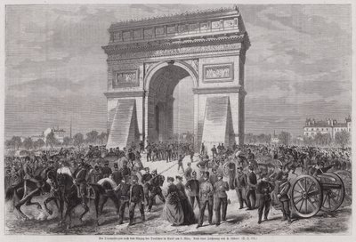 Soldados alemães no Arco do Triunfo, Paris, após assegurarem a vitória na Guerra Franco-Prussiana, 2 de Março de 1871 (gravura) de European School