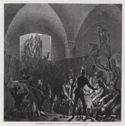 Soldados alemães se ajudam no conteúdo da adega da Catedral de Thionville, França, Guerra Franco-Prussiana de European School