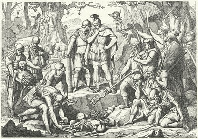 Germanicus enterrando os ossos dos soldados das três legiões romanas comandadas por Publius Quinctilius Varus destruídos pelos alemães na Batalha de Teutoburg Forest em 9 aC (gravura) de European School
