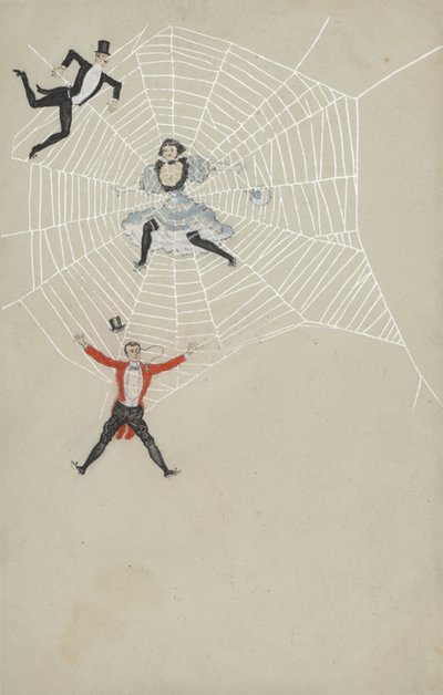 Rapariga a apanhar homens numa teia de aranha (litografia a cores) de European School