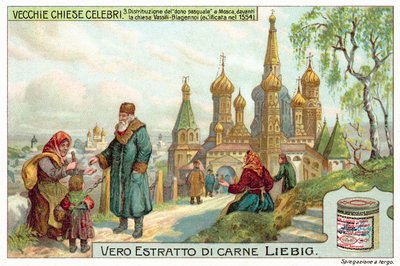 Doação de esmolas da Páscoa em frente à Catedral de São Basílio, Moscovo (chromolitho) de European School