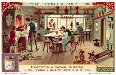Oficina de ourivesaria em Nuremberga, final do século XVI (chromolitho) de European School
