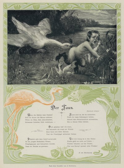 Goose chasing a faun (gravura colorida) de European School