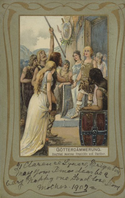 Gotterdammerung, Siegfried recebe Brunhilde e Gunther (litografia a cores) de European School