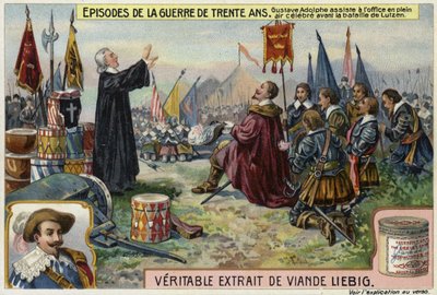 Gustavus Adolphus da Suécia assiste a um serviço ao ar livre antes da Batalha de Lutzen, Alemanha, 1632 de European School