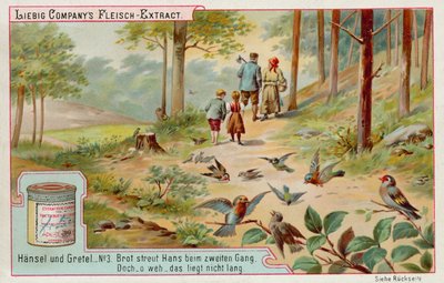 Hansel e Gretel: Aves que comem o rasto de migalhas de pão deixadas por Hansel para encontrar o caminho de casa (chromolitho) de European School