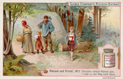 Hansel e Gretel: Hansel deixando um rasto de seixos para encontrar o caminho de casa (chromolitho) de European School