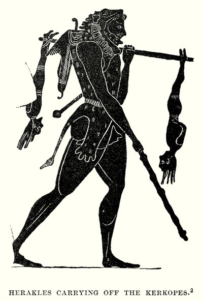 Herakles carregando o Kerkopes (gravura) de European School