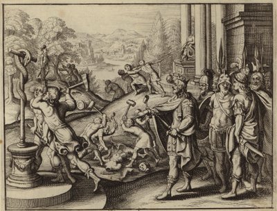 Ezequias, Rei de Judá, restaurando o Templo de Jerusalém e destruindo os ídolos (gravura) de European School