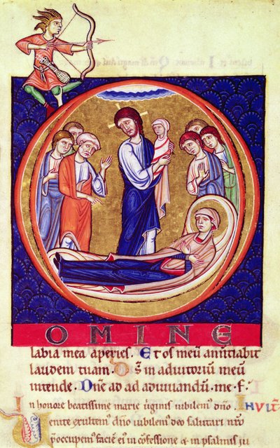 Inicial historiada retratando a morte da Virgem, de um manuscrito desconhecido, do século XII ao XIII de European School