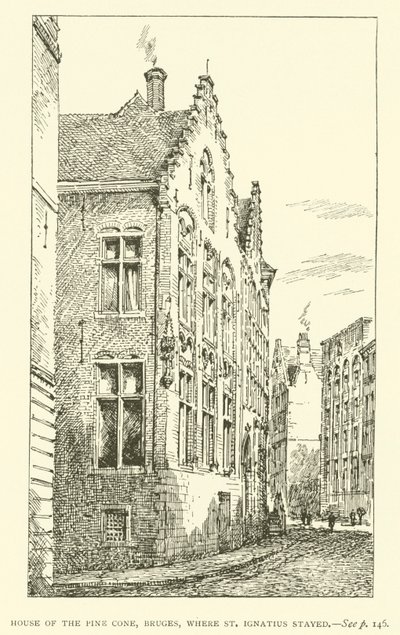 Casa do Cone do Pinheiro, Bruges, onde ficou Santo Inácio (gravura) de European School