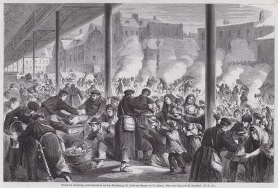 Famintos parisienses pedindo comida a soldados alemães acampados na praça do mercado de St Denis após o fim do cerco de Paris, Guerra Franco-Prussiana de European School