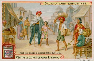 Crianças indianas trabalhando como guias para os cegos e executando recados de European School