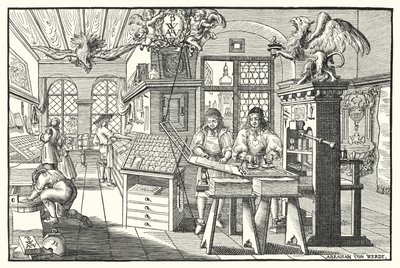 Interior de uma oficina de impressão de livros, c1676 (gravura) de European School