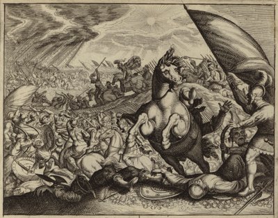Israelitas derrotando o exército amorita depois de Josué ter ordenado que o Sol e a Lua ficassem parados (gravura) de European School