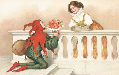 Bobo da corte oferecendo rosas a uma rapariga bonita numa varanda (cromolitho) de European School