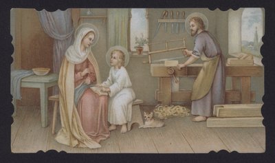 Jesus Cristo quando menino com sua mãe, Maria, na carpintaria de Josefas (chromolitho) de European School
