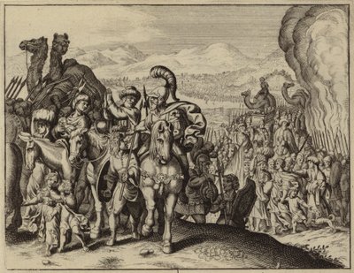 Josué e os israelitas atravessam o rio Jordão e entram em Canaã (gravura) de European School