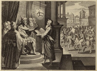 Rei Assuero ordena que o livro que narra seu reinado seja trazido e lido para ele (gravura) de European School