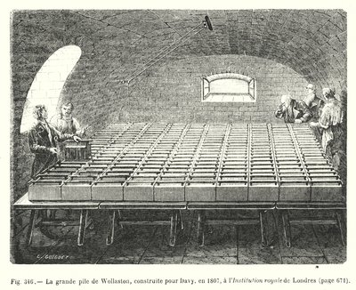 A grande pilha de Wollaston, construída para Davy, em 1807, no Royal Institution of London (gravura) de European School