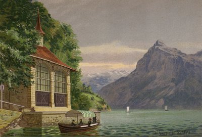 Lago de Lucerna: Capela de Tell (litografia a cores) de European School