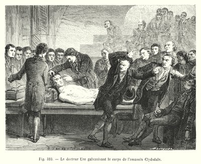 Doutor Ure galvanizando o corpo do assassino Clydsdale (gravura) de European School