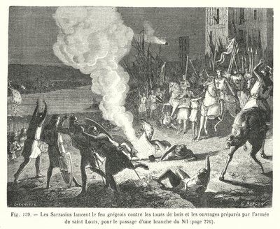 Os sarracenos lançam o fogo grego contra as torres de madeira e as obras preparadas pelo exército de Saint Louis, para a passagem de um ramo do Nilo (gravura) de European School