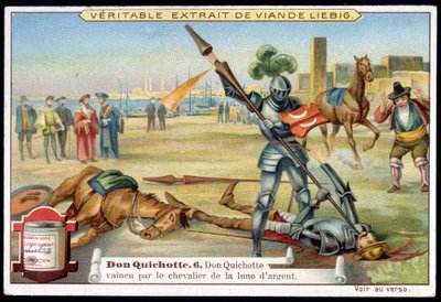 Cromolitografia de Liebig: Série "Dom Quixote", n.º 6: Dom Quixote derrotado pelo cavaleiro da lua de prata. de European School