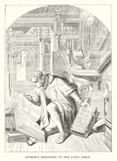 A descoberta da Bíblia latina por Lutero (gravura) de European School