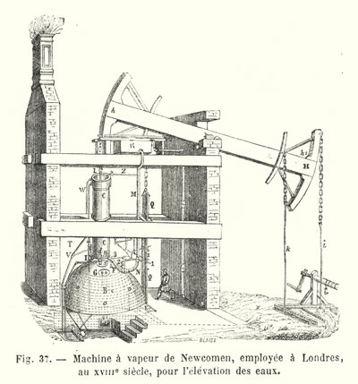 Motor a vapor Newcomen, usado em Londres, no século XVIII, para elevar água (gravura) de European School