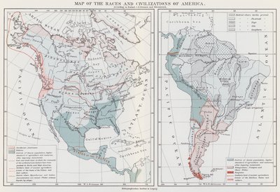 Mapa das raças e civilizações da América (litografia a cores) de European School