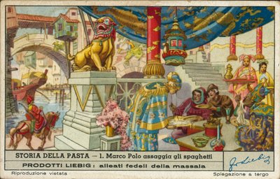 Marco Polo a provar esparguete na China (cromolitografia) de European School