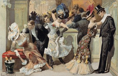 Baile de máscaras, com homens e mulheres a beber champanhe (cromolitografia) de European School