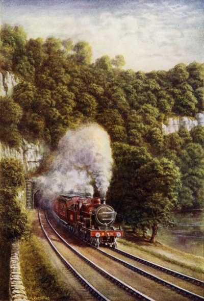 Trem expresso Midland Scotch na Midland Railway viajando pelo Yorkshire Dales (lito colorido) de European School