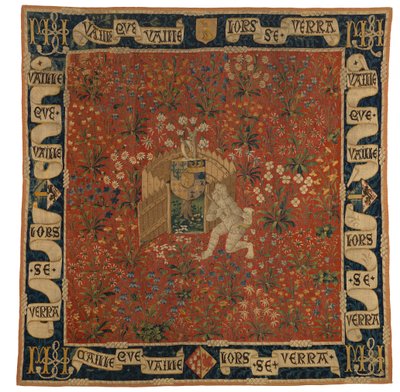 Tapeçaria Mille fleurs representando verdura, escudo de armas e um homem selvagem, c.1500 (lã) de European School