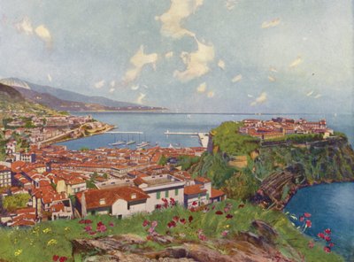 Mónaco, O Rochedo e Vista Geral (litografia a cores) de European School