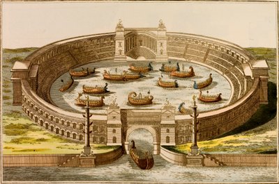 Naumachia, edifício usado para encenar batalhas navais para entretenimento público na Roma Antiga (gravura colorida) de European School